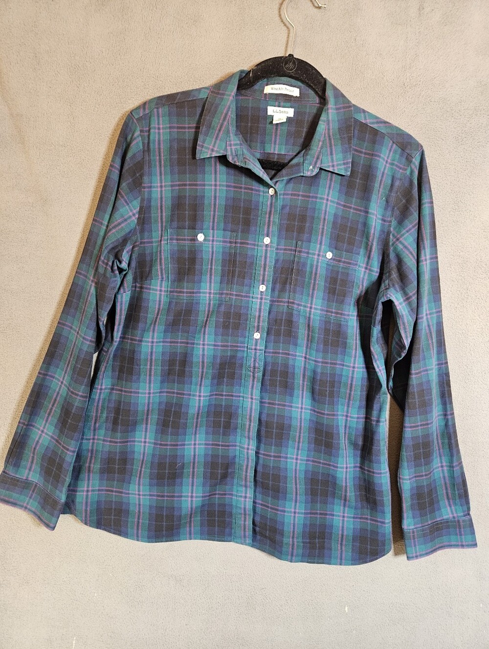 LL Bean Womens Medium Merino Wool Blend Button Plaid Shirt Wrinkle Resistant LS